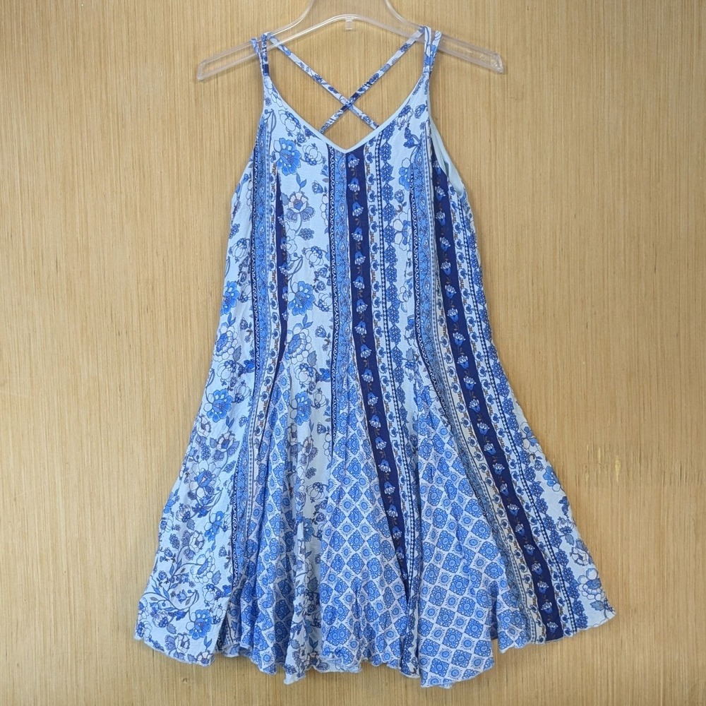 Zunie Girls Boho Floral Patchwork Flowy Dress Size 14 Blue White Crisscross Back